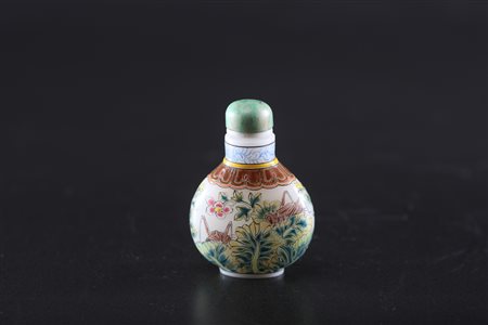 Arte Cinese Tabacchiera in vetro dipinto con fiori, foglie, cavallette e...