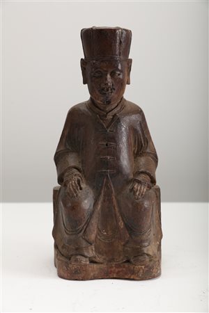 Arte Cinese Scultura in legno duro raffigurante un dignitario con lunga...