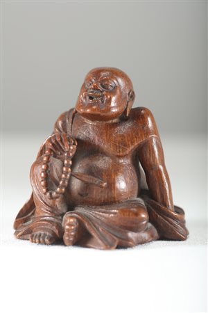 Arte Cinese Piccola scultura in legno di bamboo raffigurante Budhai Cina,...