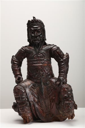 Arte Cinese Scultura in legno policromo raffigurante Guandì o un guerriero...