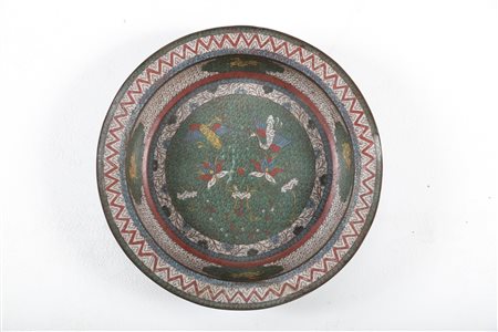 Arte Cinese Grande vassoio in metallo cloisonné decorato con fiori ed uccelli...