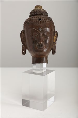 Arte Himalayana Testa in rame con diamante e tracce di doratura Cino-Tibet,...