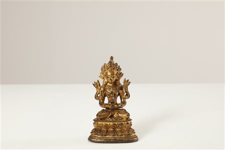 Arte Himalayana Statua in bronzo dorato raffigurante Amitayus Cino-Tibet,...