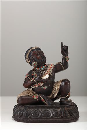 Arte Himalayana Statua di Virupa in legno con pietre semipreziose Tibet, fine...