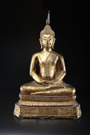 Arte Sud-Est Asiatico Statua in bronzo laccato e dorato raffigurante Buddha...