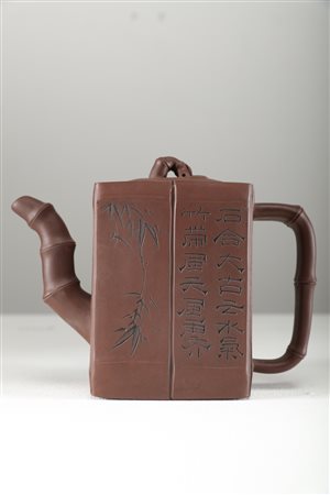 Arte Cinese Teiera Yixing in terracotta ornata con manico, versatoio e tappo...