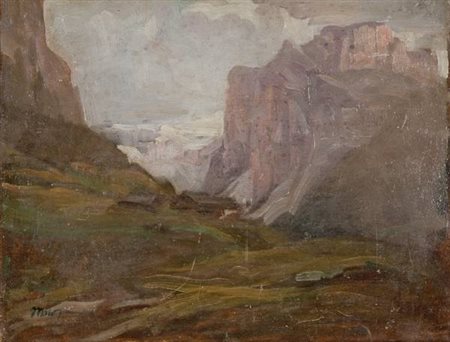 Giovanni Moro Il Sassolungo olio su tavola cm. 26x34 Firma in basso a sx