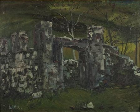 Enrico De Cillia Il fortino - 1953 olio su tavola cm. 50x63 Firma in basso a sx