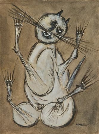 Agenore Fabbri Barba (Pt) 1911 Savona 1998, Gatto, Tecnica mista su carta,...