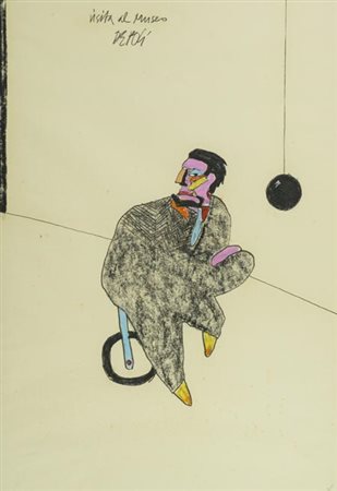 Fabio De Poli Genova 1947 , Visita al museo, Tecnica mista su cartoncino, cm....