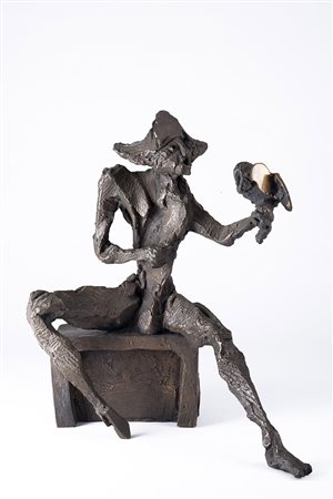 Nag Arnoldi (Locarno 1928 - 0) "Uomo con rapace" scultura in bronzo, cm 26x23...