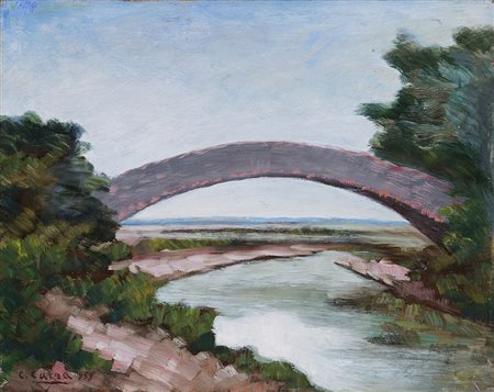 Carlo Carrà (Quargnento 1881 - Milano 1966) "Il ponte" 1953 olio su tela, cm...