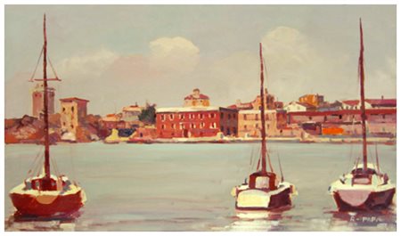 ALFONSO PAPI Castellina Marittima 1931 Il porto di Livorno 1973 Olio su tela...