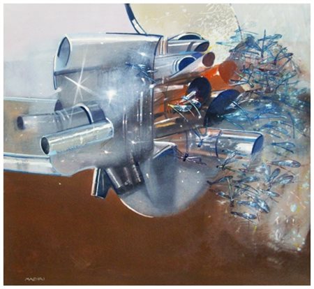 MARIO MADIAI Livorno 1944 Macchina per libellule Olio su tela 80 x 90. Firma...