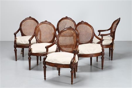 MANIFATTURA GENOVESE DEL XVIII SECOLO Elegante gruppo di 6 poltrone a canneté...