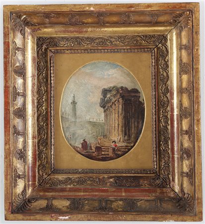 ARTISTA FRANCESE DEL XVIII SECOLO Rovine con figure. Olio su cartoncino. Cm...