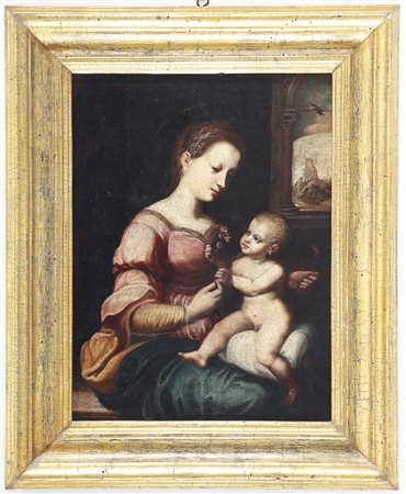ARTISTA DEL XVII SECOLO. Madonna con bambino. Olio su tela . Cm 36,00 x...