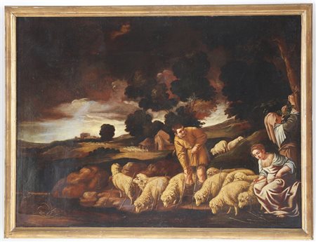 ARTISTA ITALIANO DEL XVII SECOLO Pastore e contadine con gregge in un...