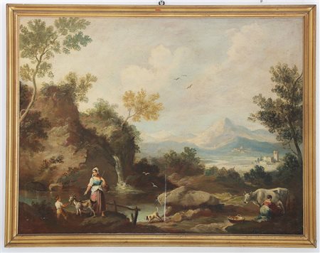 ARTISTA VENETO DEL XVIII SECOLO Paesaggio agreste. Olio su tela incollata su...