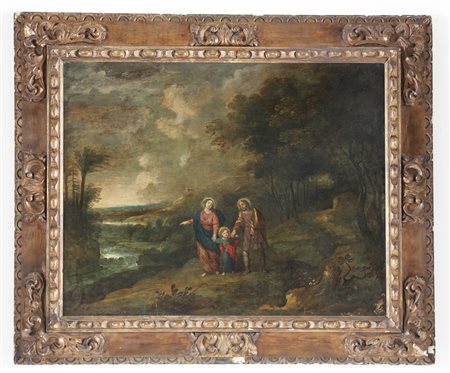 ARTISTA DEL XVII SECOLO. Gesù, Giuseppe e Maria in un paesaggio. Olio su...