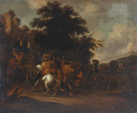 ARTISTA FIAMMINGO DEL XVII SECOLO L'imboscata. Olio su tavola. Cm 40,00 x 34,00.