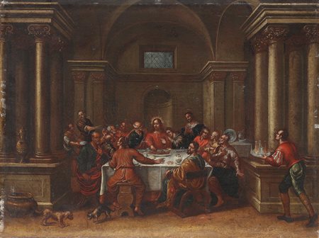 ARTISTA VENETO DEL XVII SECOLO Ultima cena. Olio su tela . Cm 100,00 x 76,00....