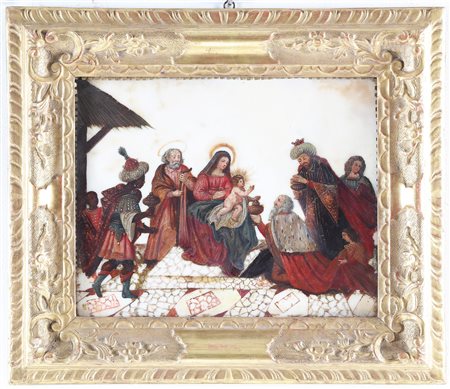 ARTISTA VENETO DEL XVII SECOLO La visita dei re magi. Olio su marmo. Cm 37,00...