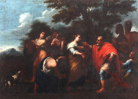 ARTISTA ROMANO DEL XVIII SECOLO Rachele al pozzo. Olio su tela. Cm 93,00 x...