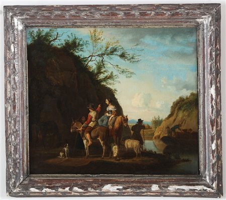 BERCHEM NICOLAES (1620 - 1683) Figure in una paesaggio con armenti. Olio su...