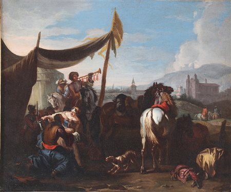 LINGELBACH JOHANNES (1622 - 1674) Attribuito a. La sosta. Olio su tela. Cm...