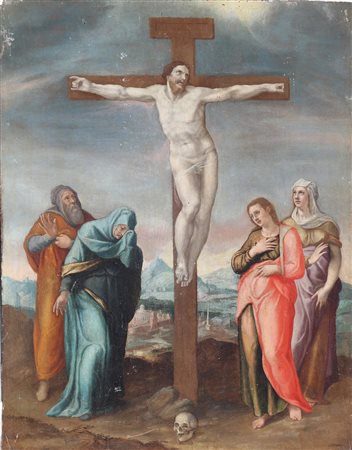 ARTISTA NORDEUROPEO DEL XVII SECOLO Crocifissione. Olio su tavola. Cm 41,00 x...