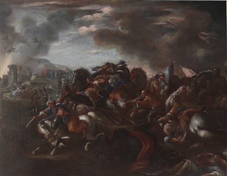 ARTISTA DEL XVIII SECOLO Battaglia. Olio su tela. Cm 122,00 x 90,00. ....