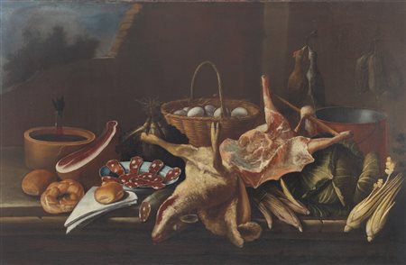 NANI GIACOMO (1701 - 1770) Natura morta con salami, selvaggina e uova. Olio...