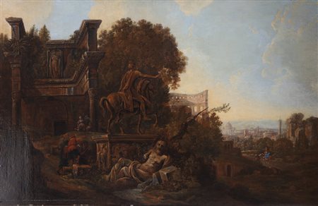 DE MARCHIS ALESSIO (1684 - 1752) Paesaggio con personaggi e Roma sullo...