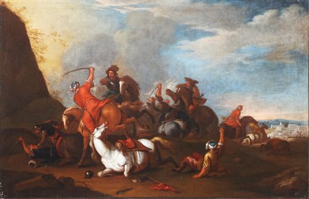 FALCONE ANIELLO (1607 - 1665) Ambiente di. Coppia di battaglie. Olio su tela....