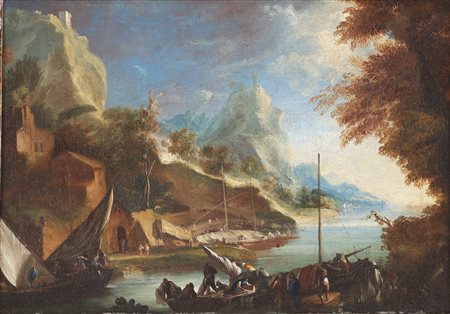 PEDON BARTOLOMEO (1665 - 1732) Paesaggio con barche e personaggi. Olio su...