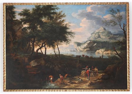 DE HEUSCH JACOB (1657 - 1701) Paesaggio marino con ruscello ed insenature ....