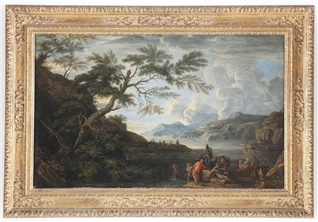 DE HEUSCH JACOB (1657 - 1701) Paesaggio con grande albero, rupi e varie...