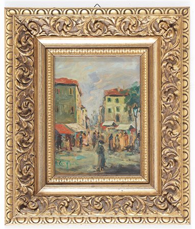 CARGNEL VITTORIO ANTONIO (1872 - 1931) Mercato a Calalzo. Olio su cartoncino....