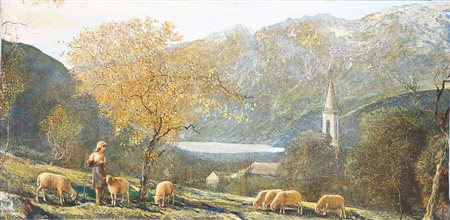 FEDERICI GINO (1888 - 1973) Paesaggio montano con gregge. Olio su tela . Cm...