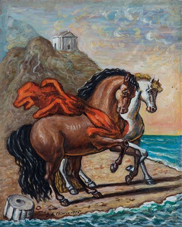 Giorgio De Chirico (1888-1978), Cavalli con drappo rosso, olio su tela, cm...