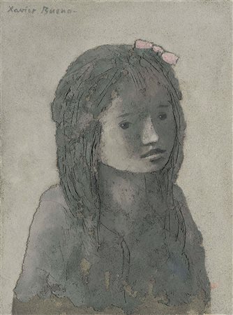 Xavier Bueno (1915-1979), Bambina con fiocco rosso, 1974, olio su tela, cm...