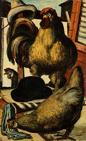 Salvatore Fiume (1915-1997), I polli della Carovana, Olio su tavola, cm 81x50...