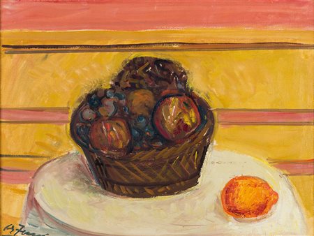 Achille Funi (1890-1972), Cesto di frutta, 1968 ca., olio su tela, cm 45x60...