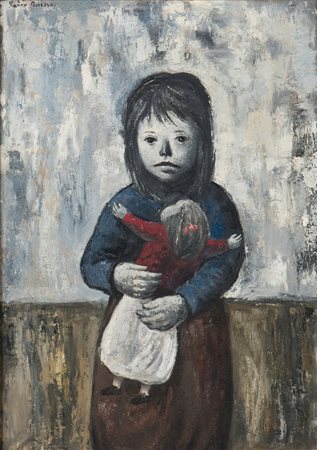 Xavier Bueno (1915-1979), Bambina con bambola, olio su tavola, cm 70x50...