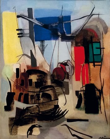 Giuseppe Santomaso (1907-1990), Domenica in officina, 1953, olio su tela, cm...