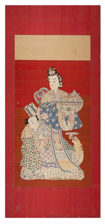 GRANDE SETA DIPINTA, applicata su tela cm 248 x 110, raffigurante Principessa...