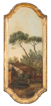 QUATTRO PANNELLI DOUBLE FACE , raffiguranti paesaggi ad olio su tavola , con...