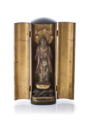 BUDDHA DA VIAGGIO, con piccola scatola nera in legno laccato, h cm 30, Primi...