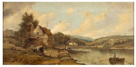 PITTORE INGLESE XIX SECOLO, Paesaggio, Olio su tela cm 31 x 61, Tracce di...